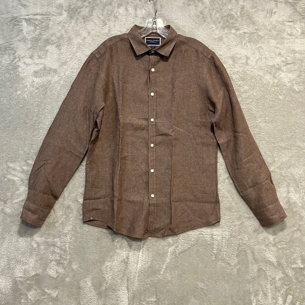 Charles Tyrwhitt Button Down Men Medium Brown 100% Linen Extra Slim Fit Shirt
